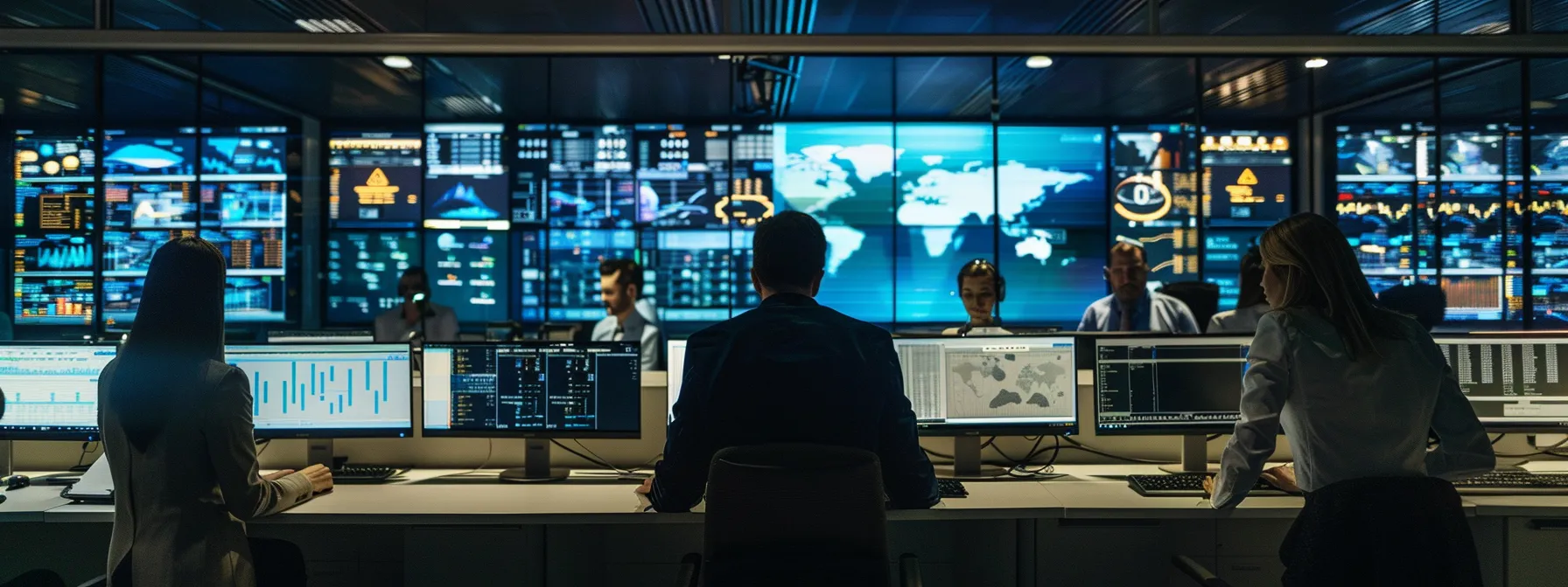 a team of cybersecurity experts reviewing data protection protocols in a secure control room.